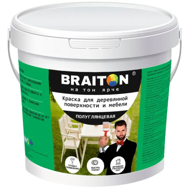 Краска для деревянной поверхности и мебели ПОЛУГЛЯНЕЦ Braiton Paint акриловая ВД